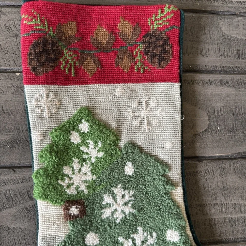 Vintage Needlepoint Christmas Tree Wool Stockings Rustic Cabin Lodge Velvet Back